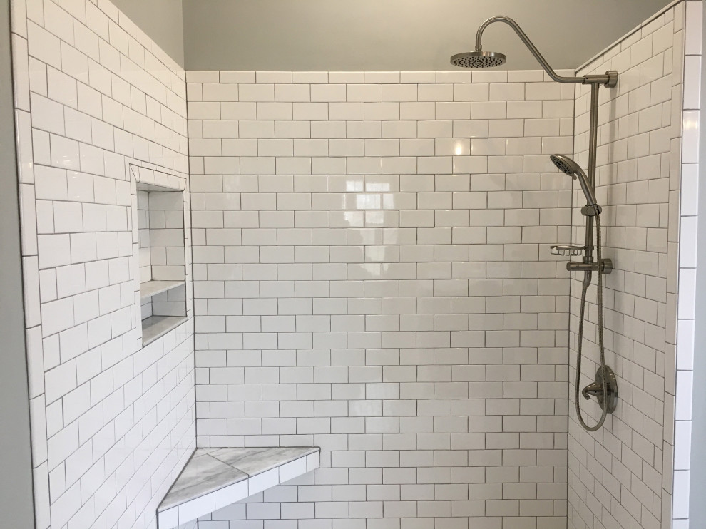Design ideas for a traditional bathroom in Other with grey cabinets, an open shower, a two-piece toilet, white tile, ceramic tile, grey walls, ceramic floors, a vessel sink, white floor and white benchtops.