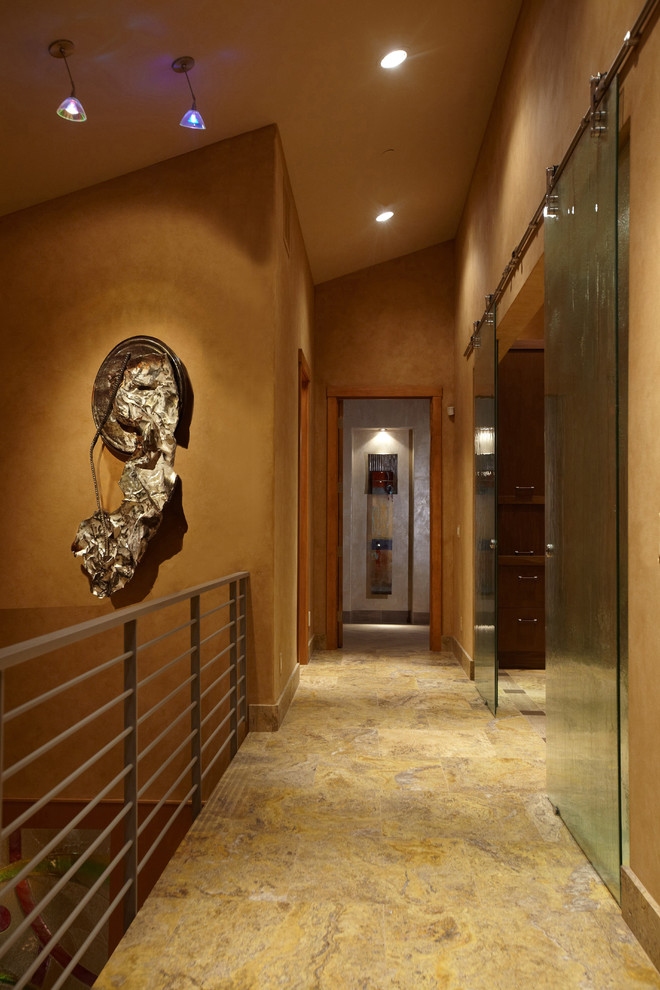 Design ideas for a contemporary hallway in Minneapolis with brown walls.