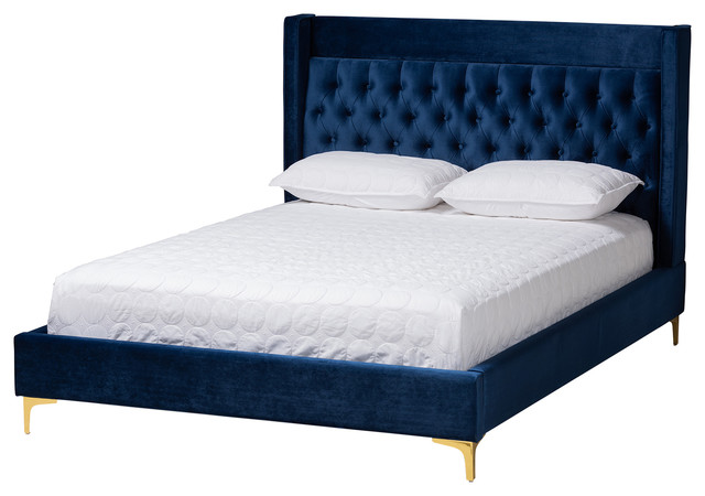 Breana Contemporary Navy Blue Velvet, Blue Bed Frame Queen