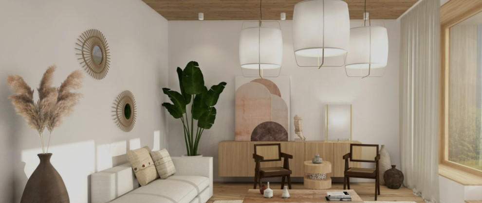 Abgetrenntes Asiatisches Wohnzimmer mit weißer Wandfarbe, Bambusparkett, beigem Boden und Holzdecke in Sonstige
