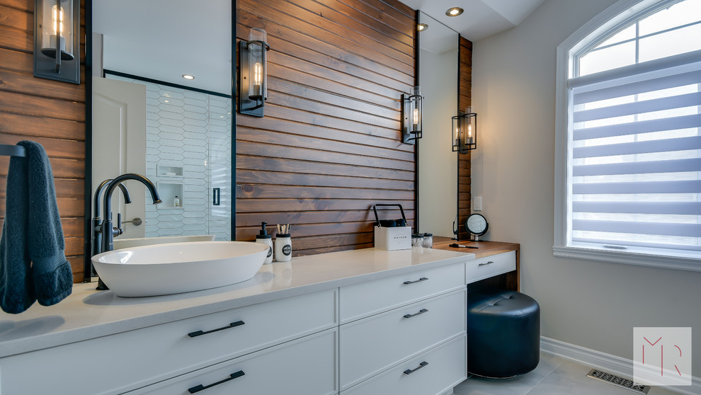 Mid-sized contemporary kids bathroom in Other with shaker cabinets, white cabinets, a corner shower, a one-piece toilet, white tile, ceramic tile, grey walls, ceramic floors, an undermount sink, engineered quartz benchtops, grey floor, a sliding shower screen and grey benchtops.