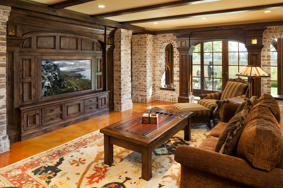 This is an example of a large traditional living room in Minneapolis with beige walls, a built-in media wall and no fireplace.