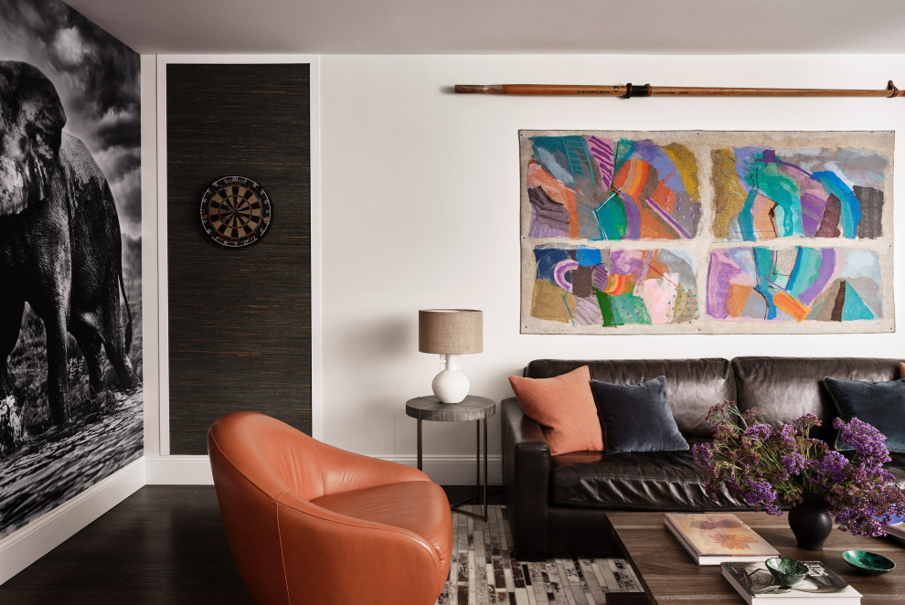 Family room - transitional dark wood floor, brown floor and wallpaper family room idea in San Francisco with white walls