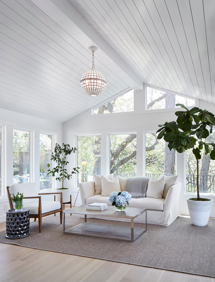 Design ideas for a large transitional sunroom in Minneapolis with light hardwood floors, a standard ceiling, beige floor and no fireplace.