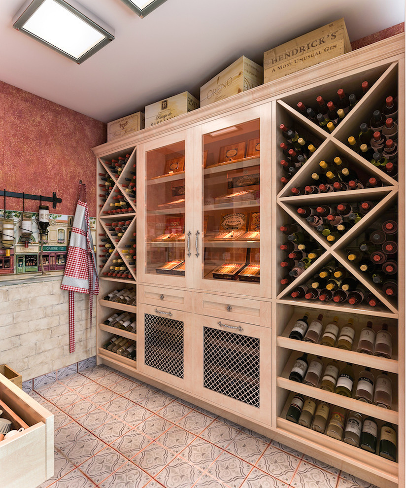 Inspiration for a mid-sized mediterranean wine cellar in Los Angeles with storage racks and linoleum floors.