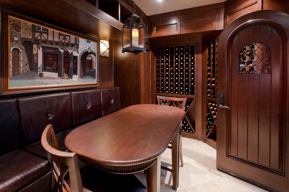 Traditional wine cellar in Chicago with storage racks and beige floor.