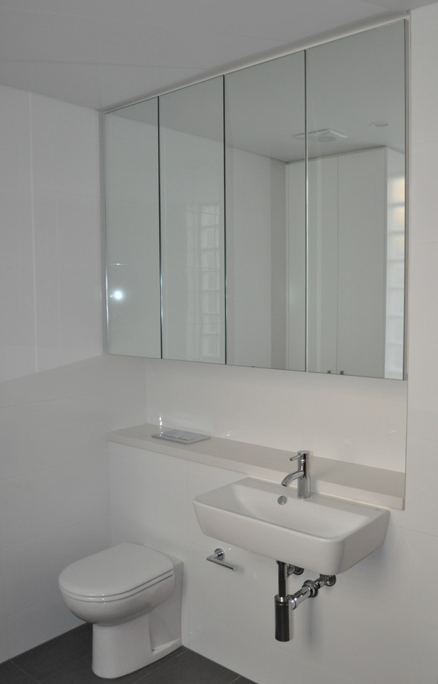 Inspiration for a contemporary bathroom in Sydney with flat-panel cabinets, an open shower and ceramic floors.