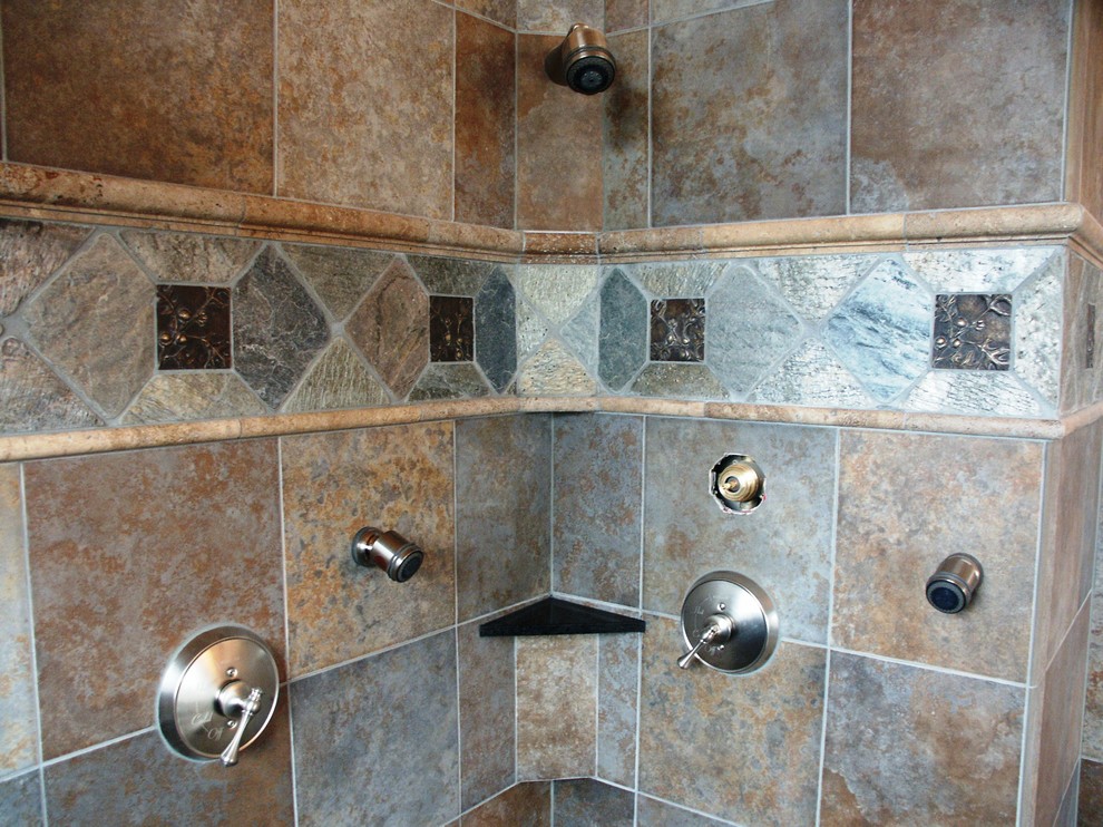 Home design - rustic master multicolored tile and stone tile home design idea in Seattle with multicolored walls