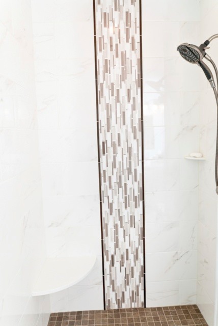 Example of a mid-sized transitional master multicolored tile and porcelain tile porcelain tile alcove shower design in Charlotte with white walls