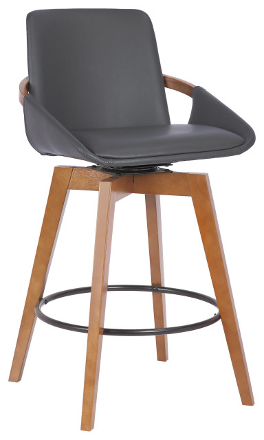 Baylor Swivel Wood Stool, Faux Leather, Gray/Walnut, 26" Counter Height
