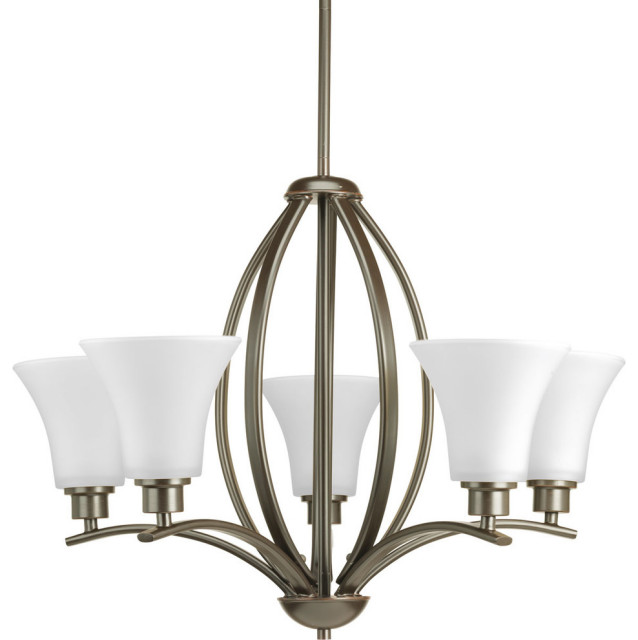 5-Light Chandelier, Antique Bronze With Etched White Shades