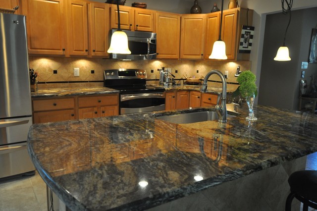 Purple Dunas Granite Countertop With Durango Tile Backsplash