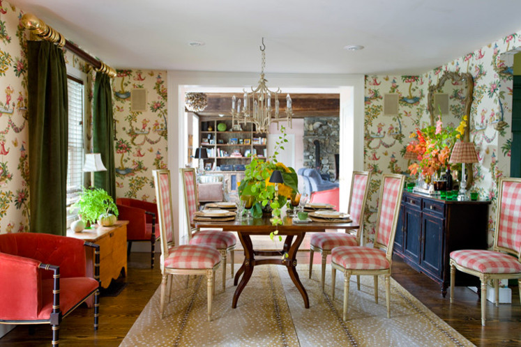 Mid-sized country separate dining room in Boston with multi-coloured walls, medium hardwood floors and brown floor.