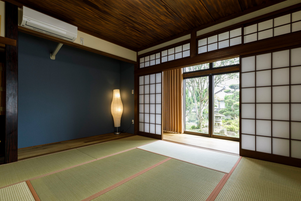Design ideas for an asian guest bedroom in Other with blue walls, tatami floors, no fireplace and green floor.