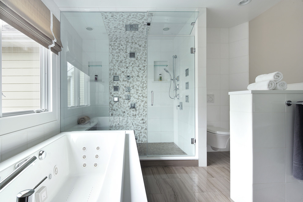 Inspiration for a contemporary bathroom in New York with a console sink and an alcove shower.