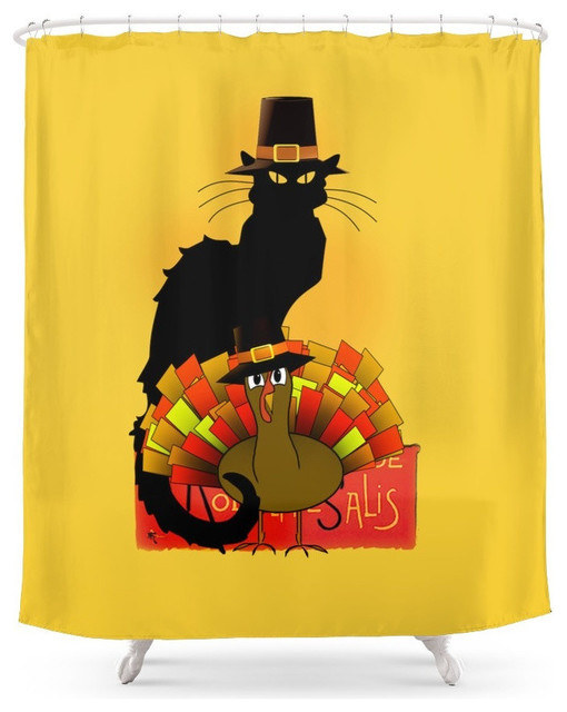 Thanksgiving Le Chat Noir With Turkey Pilgrim Shower Curtain