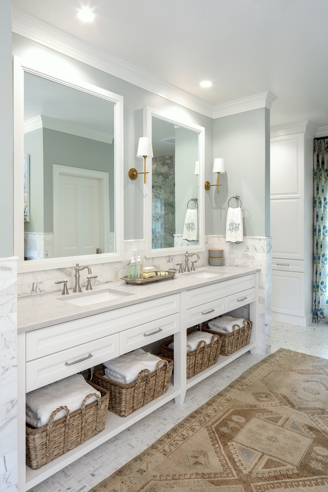 Design ideas for a mid-sized traditional master bathroom in Austin with open cabinets, white cabinets, white tile, marble, grey walls, marble floors, an undermount sink and grey benchtops.