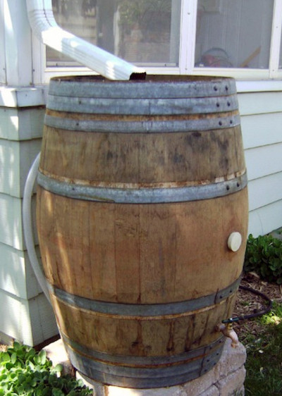 Rustic Rain Barrel Heavy Oak Wood Reclaimed Wine Cask Water Tight Overflow Hose 