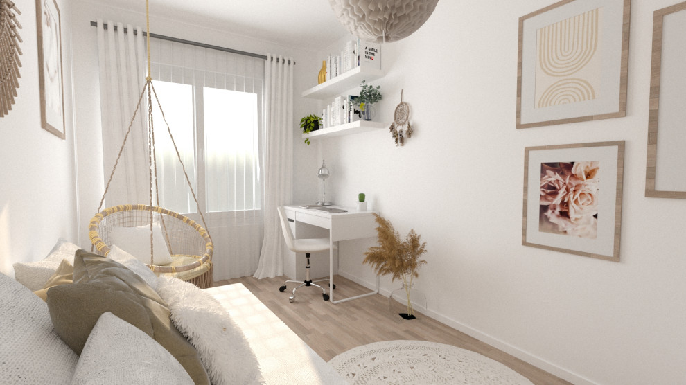 Ejemplo de dormitorio infantil exótico de tamaño medio con paredes blancas y suelo de madera clara