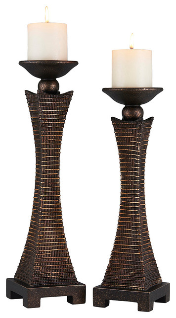 15.75" and 17.5" Tall Polyresin "Kayan" Candleholder, Bronze, Set of 2