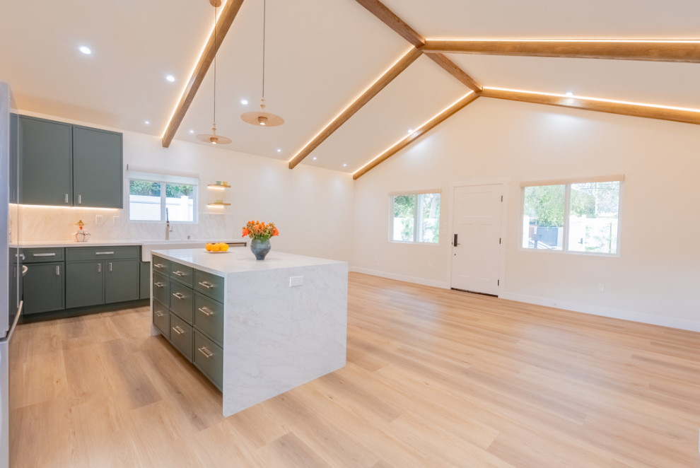 Architectural Vaulted ADU Interior with Illuminated Beam Ceiling In ...