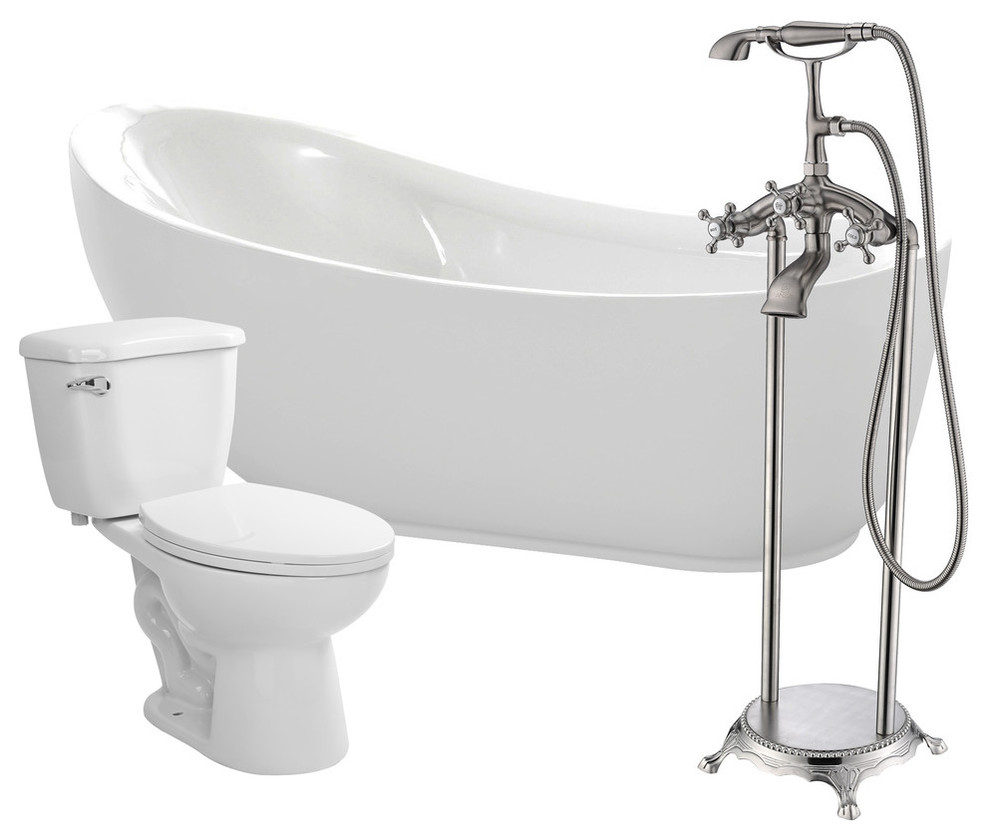 ANZZI 71" White Acrylic Soaking Bathtub With Faucet and 1.28 GPF Toilet