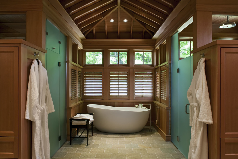 Photo of a traditional bathroom in Boston with a freestanding tub.
