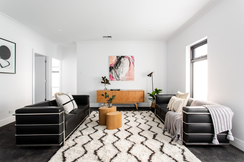 Contemporary living room in Adelaide with white walls, carpet and black floor.