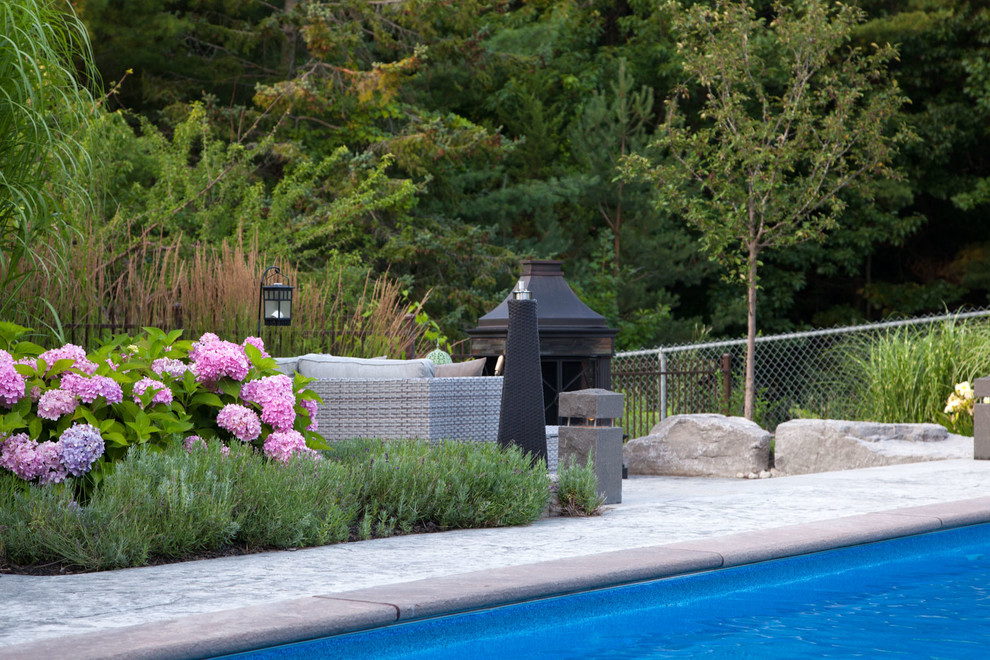 Photo of a large tropical backyard rectangular lap pool in Toronto with a pool house and stamped concrete.
