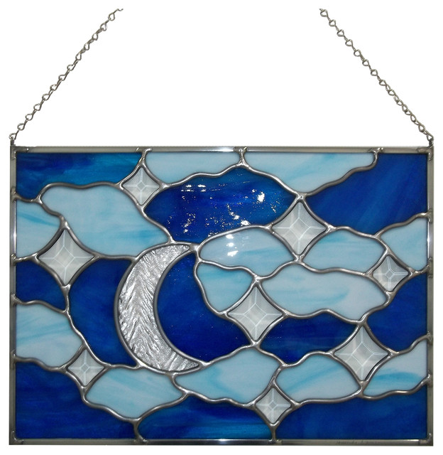 Moon and Stars Panel, Horizontal Window Contemporary Stained Glass