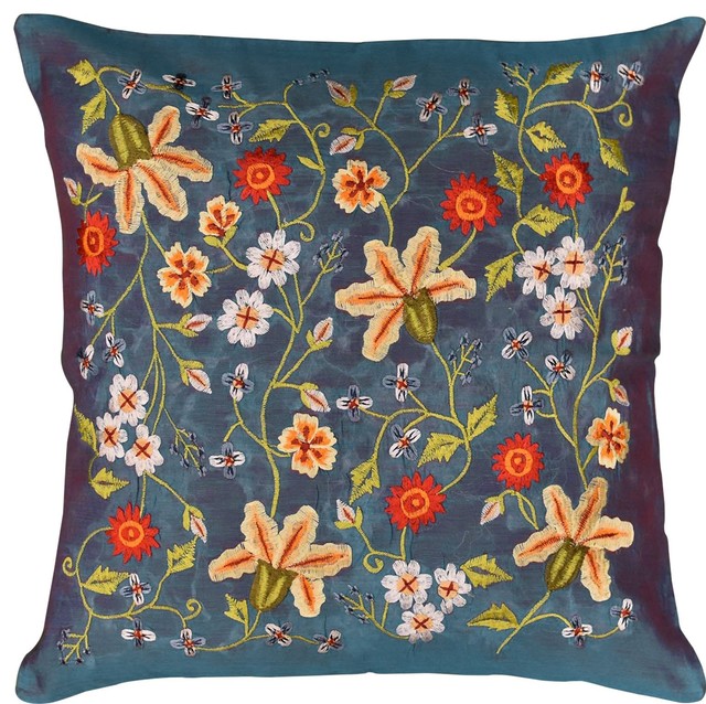 Tropica Blue Floral Design Decorative Cotton Pillow Cover