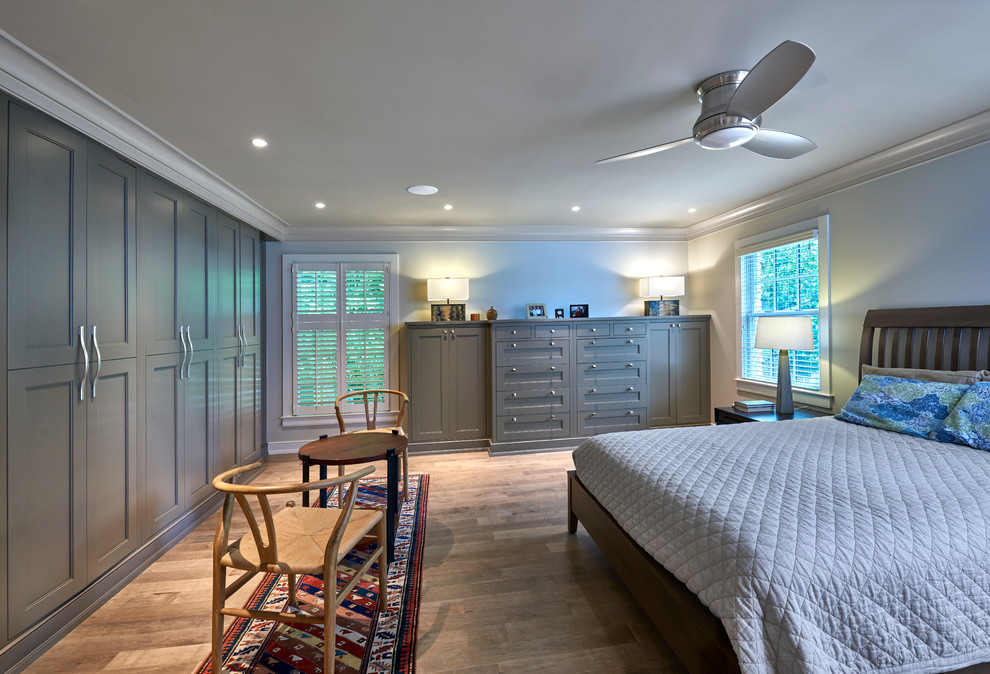 Mid-sized transitional master bedroom in Louisville with grey walls, medium hardwood floors and no fireplace.