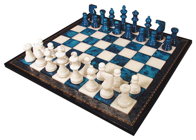 Blue and White Alabaster Wood Frame Chess Set