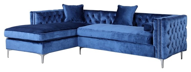 Da Vinci Velvet On Tufted Left Facing Sectional Sofa Da Vinci Velvet On Tufted Left Facing Sectional Sofa Navy Blue