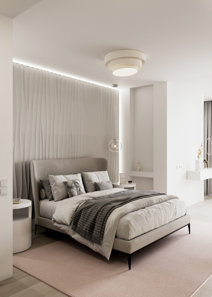 Foto de dormitorio principal y gris y blanco minimalista de tamaño medio con paredes grises, suelo vinílico y suelo beige