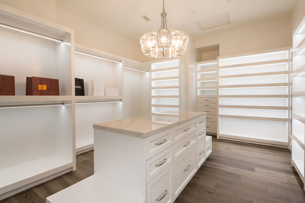 Inspiration for a large traditional gender-neutral walk-in wardrobe in Los Angeles with recessed-panel cabinets, white cabinets, medium hardwood floors and grey floor.