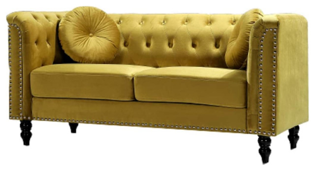 Elegant Chesterfield Loveseat, Button Tufted Back & Nailhead Trim, Strong Yellow - Traditional - Forks Rakes - Decor Love | Houzz