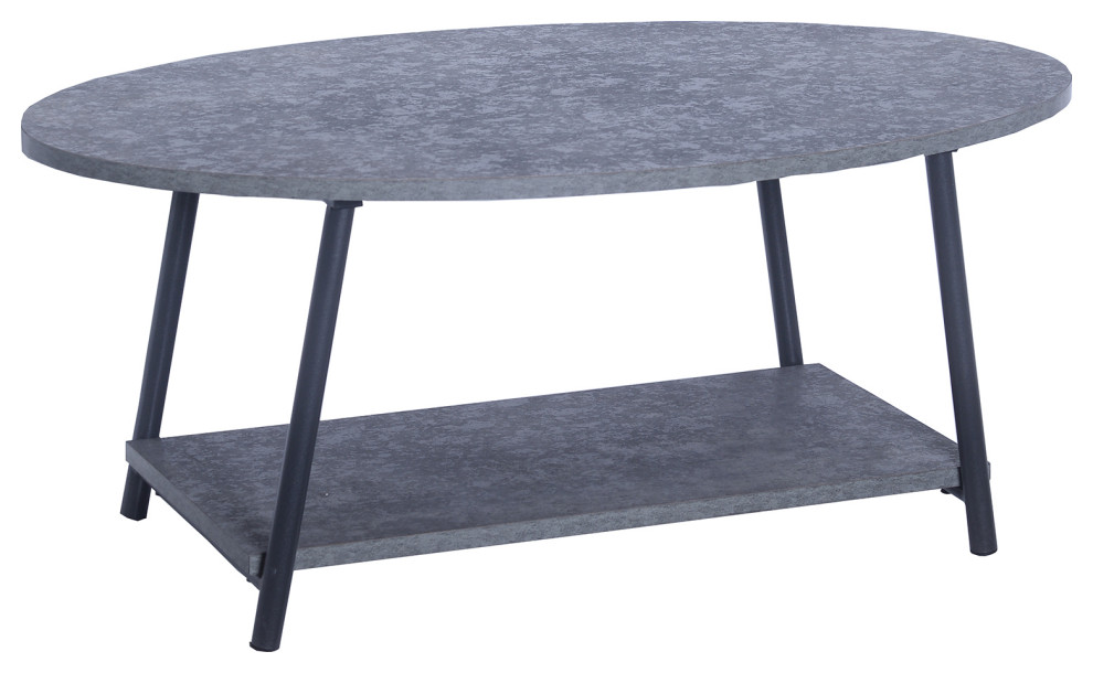 Jamestown Oval Coffee Table, Storage Shelf Rustic Slate Concrete, Black Metal Industrial