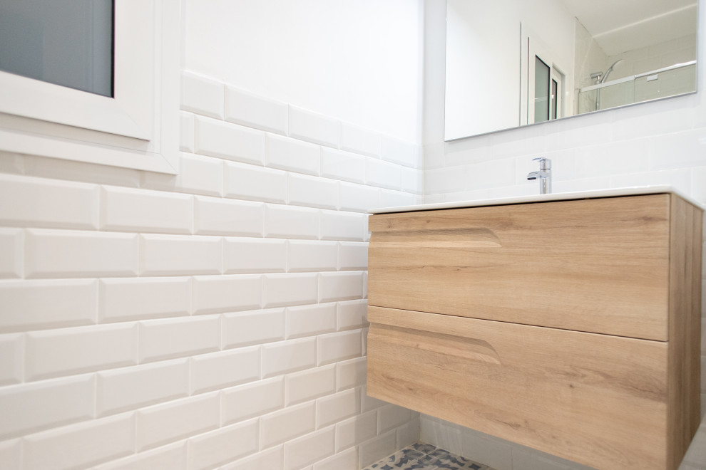 Mid-sized trendy master white tile and ceramic tile ceramic tile, gray floor and single-sink bathroom photo in Barcelona with medium tone wood cabinets, a one-piece toilet, white walls, a vessel sink, wood countertops, brown countertops and a floating vanity