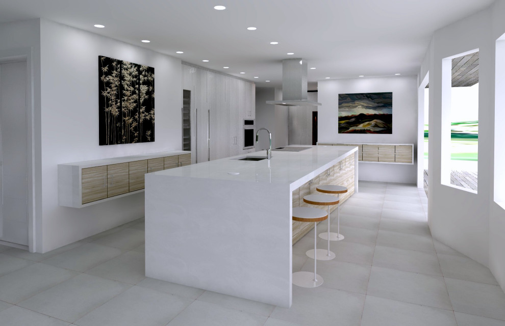 This is an example of a mid-sized modern galley open plan kitchen in Detroit with a single-bowl sink, flat-panel cabinets, white cabinets, quartz benchtops, white splashback, stainless steel appliances, porcelain floors, with island, grey floor and white benchtop.
