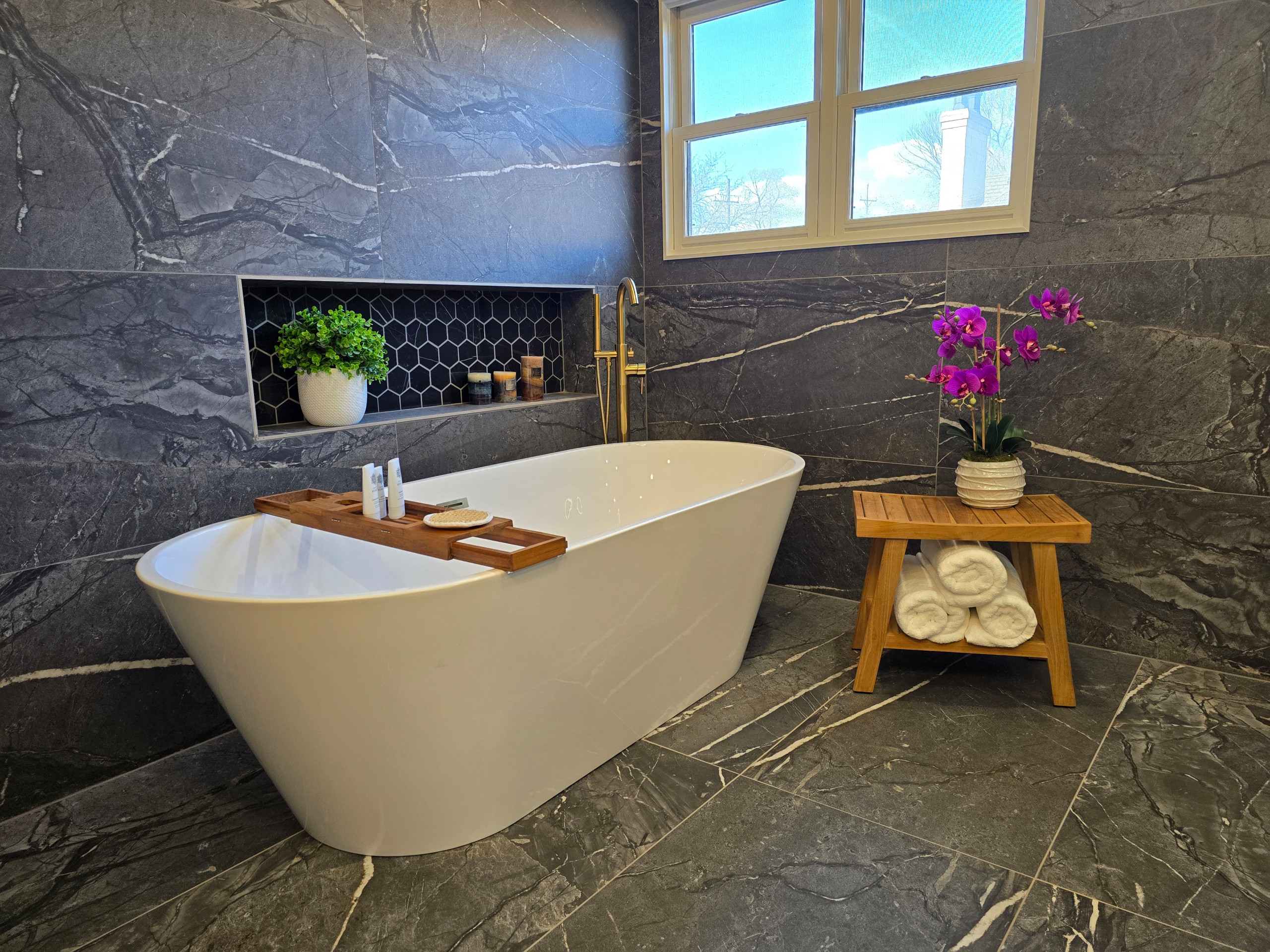 Main Bath full remodeling with custom vanity, freestanding tub & walk-in shower