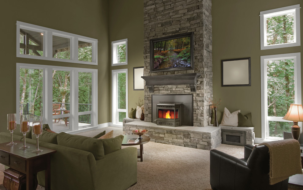 Inspiration for a large transitional formal open concept living room in Other with brown walls, carpet, a standard fireplace, a stone fireplace surround, no tv and beige floor.