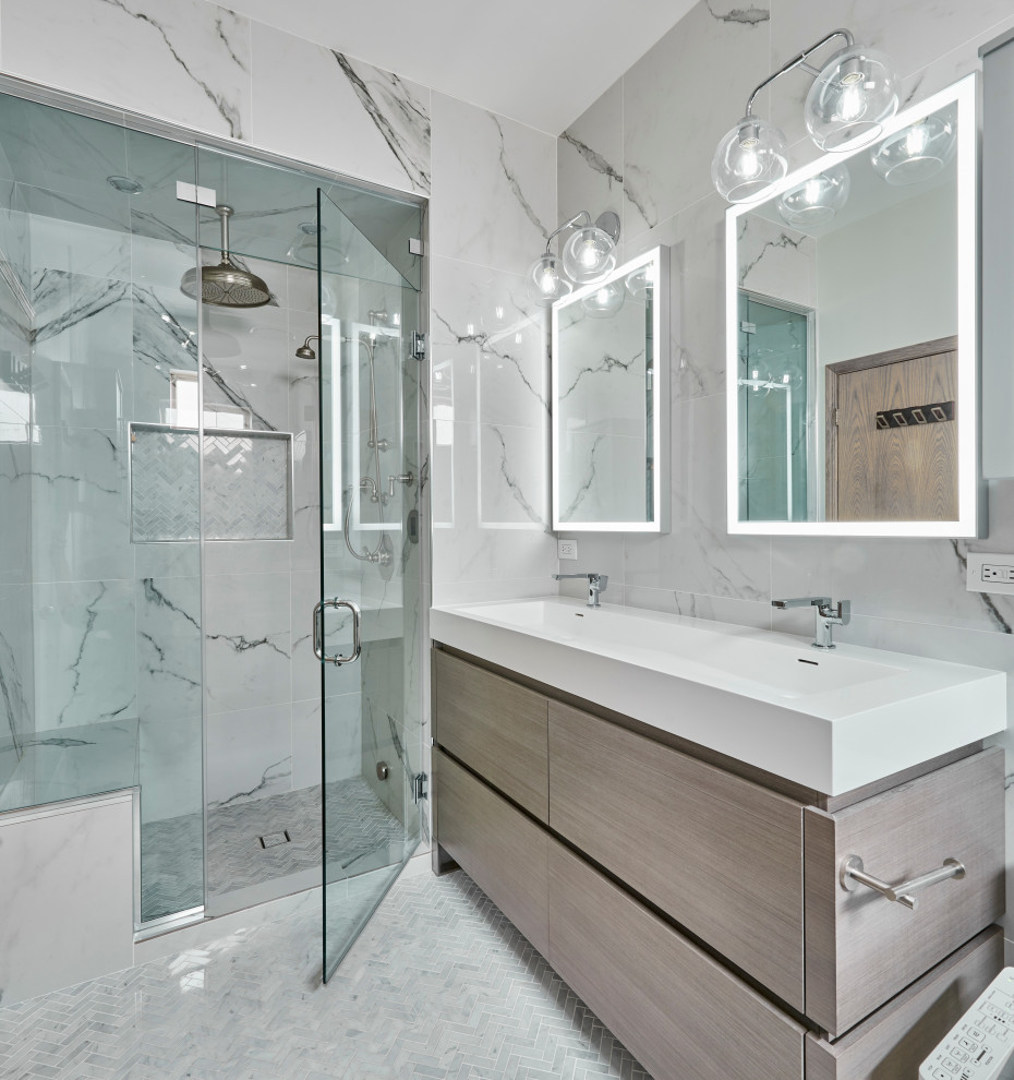 Design ideas for a medium sized modern ensuite wet room bathroom in Chicago with flat-panel cabinets, medium wood cabinets, a freestanding bath, white tiles, porcelain tiles, white walls, mosaic tile flooring, quartz worktops, white floors, a hinged door, white worktops, a shower bench, double sinks and a freestanding vanity unit.