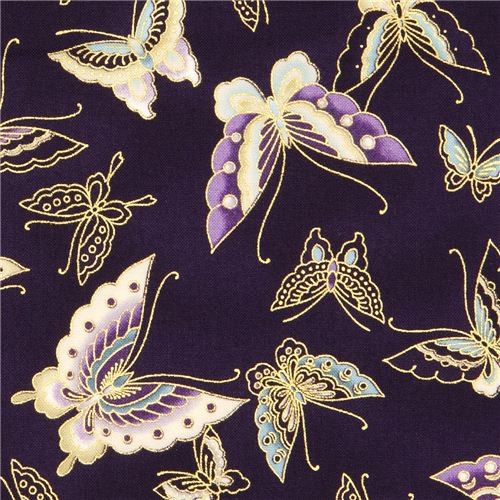 dark purple butterfly fabric with gold Robert Kaufman USA