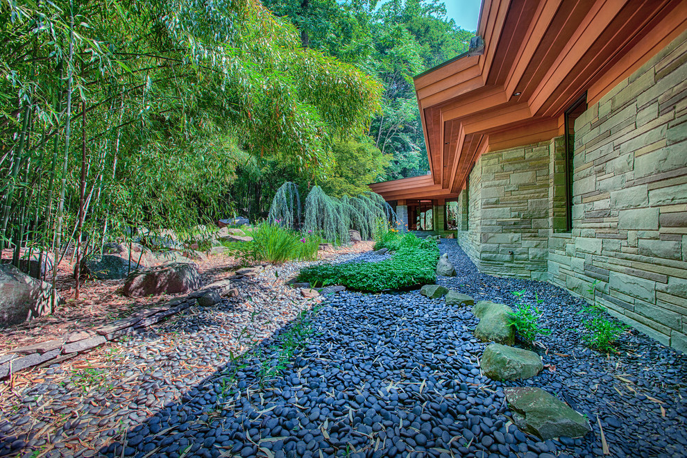Photo of a mid-sized asian backyard xeriscape in Philadelphia with gravel.