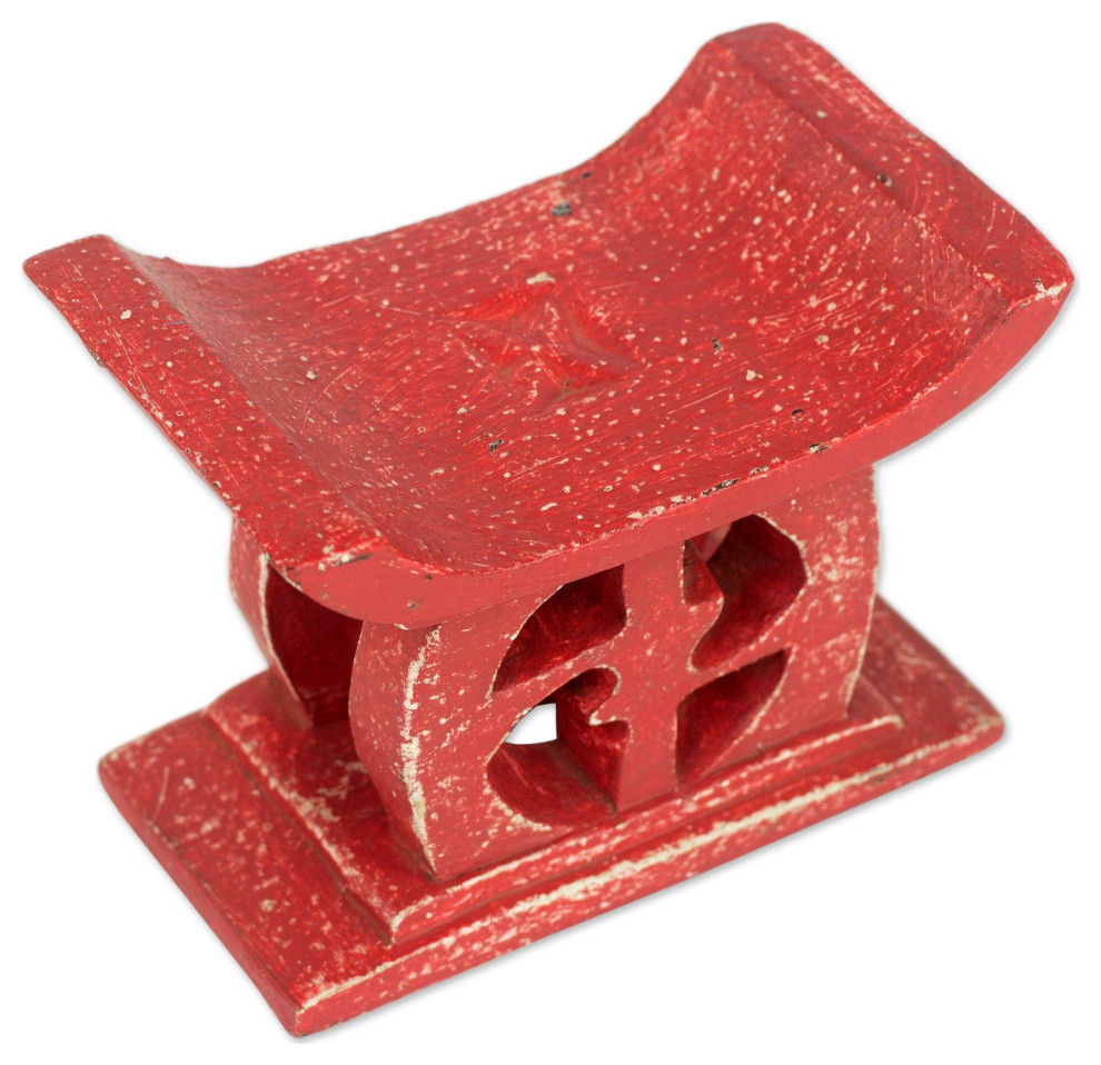 NOVICA Adrinka In Red And Wood Mini Decorative Stool