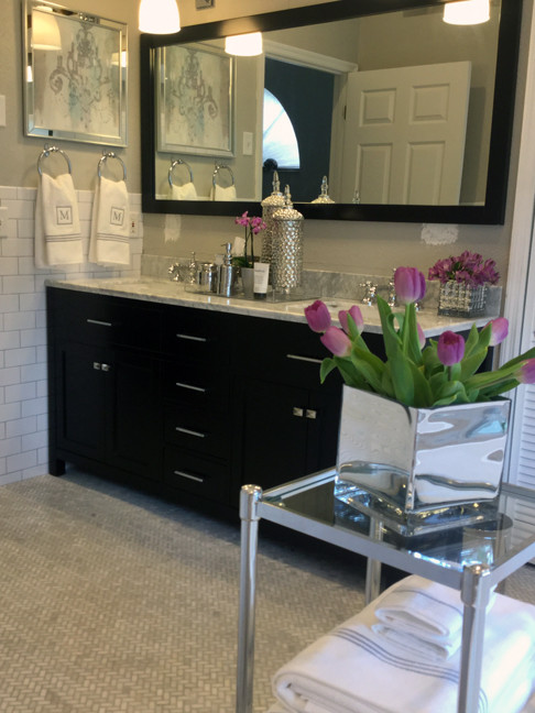 Design ideas for a large transitional master bathroom in Orlando with shaker cabinets, black cabinets, marble benchtops, white tile, ceramic tile, an undermount sink, grey walls and marble floors.