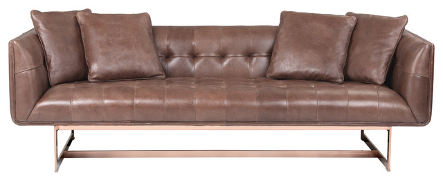 Matisse Sofa In Rose Gold Metal With 4 Pillows Saddle Leather