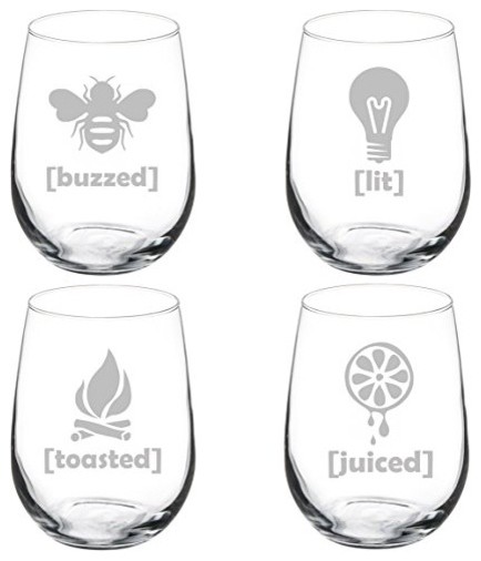 Set of 4 Wine Glass Funny Drunk Buzzed Lit Toasted Juiced, 17 Oz Stemless