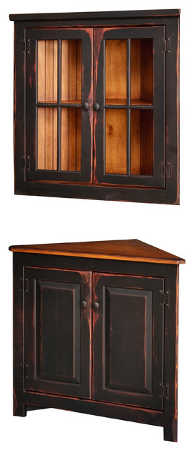 Antique China Hutch >> Antique Black Painted Corner Cabinet With Hanging Top Antique China Hutch >> Antique Black Painted Corner Cabinet With Hanging Top